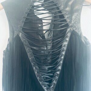Haute Hippie black leather cocktail fringe dress size XS